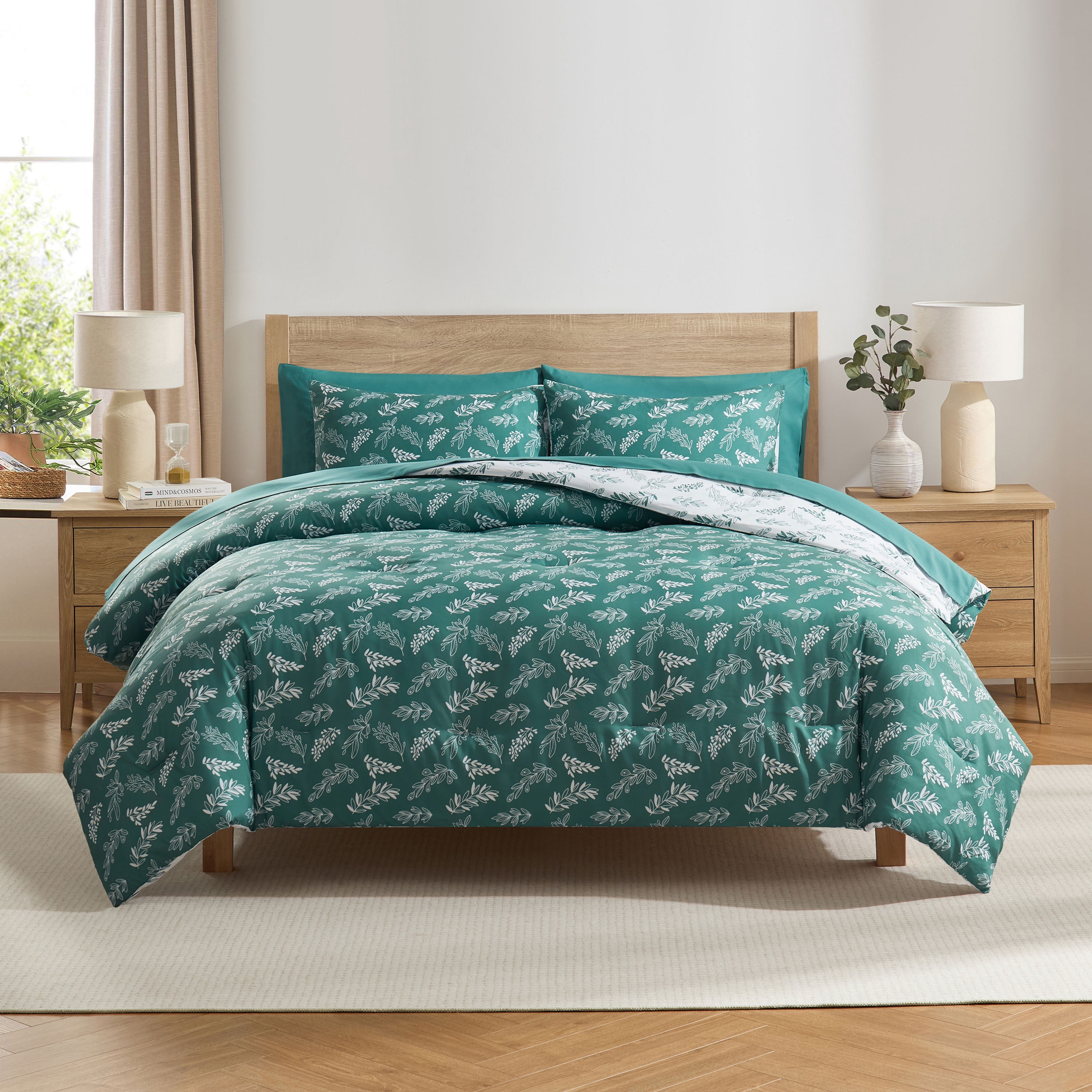 LammaLoe King Size Comforter Set, 7 Piece Botanical Bed in a Bag , Reversible Bedding Comforter Set with Sheets, Modern Bed Set, Gentle Pine/Cloudstone
