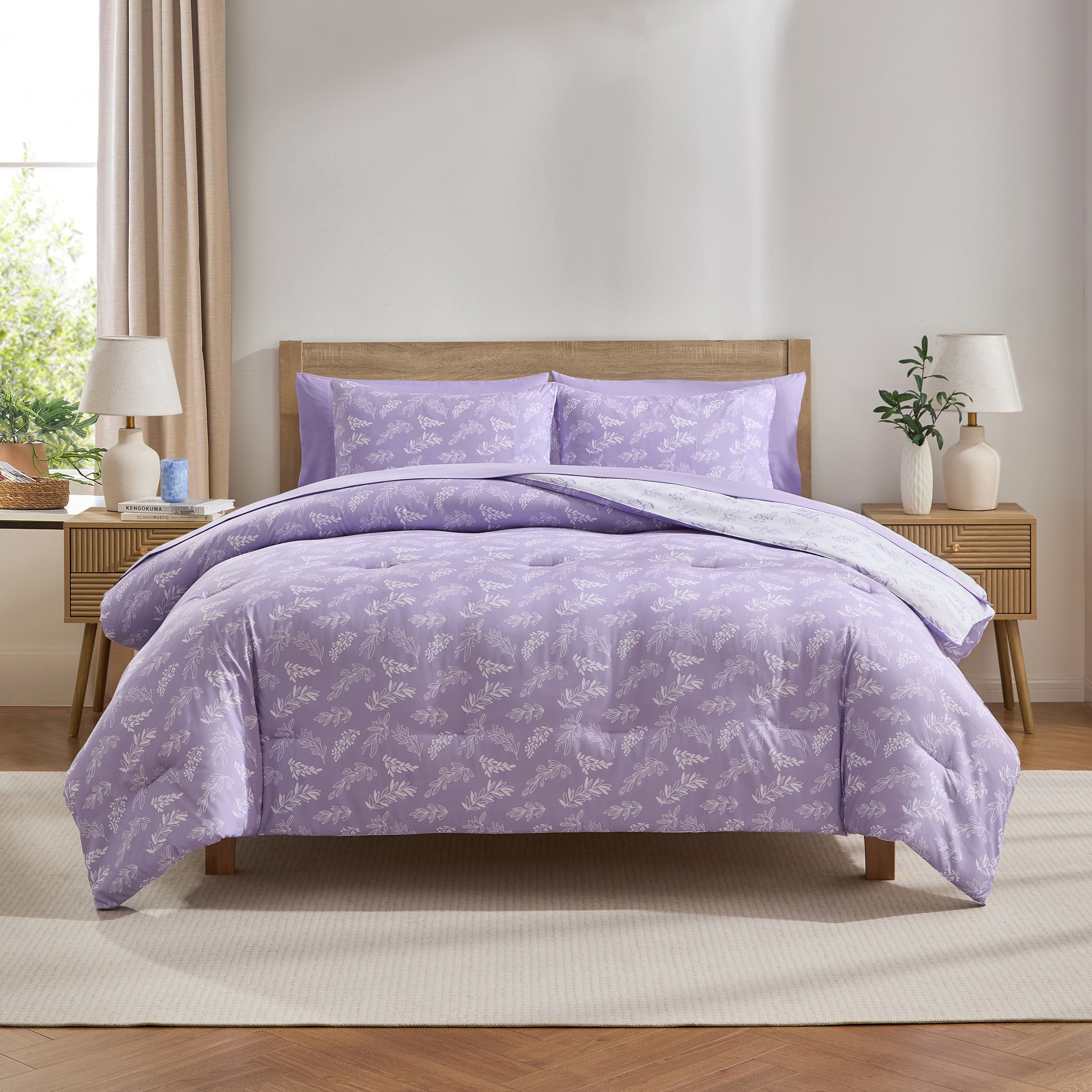 LammaLoe King Size Comforter Set, 7 Piece Botanical Bed in a Bag , Reversible Bedding Comforter Set with Sheets, Modern Bed Set, Lavender/Off White