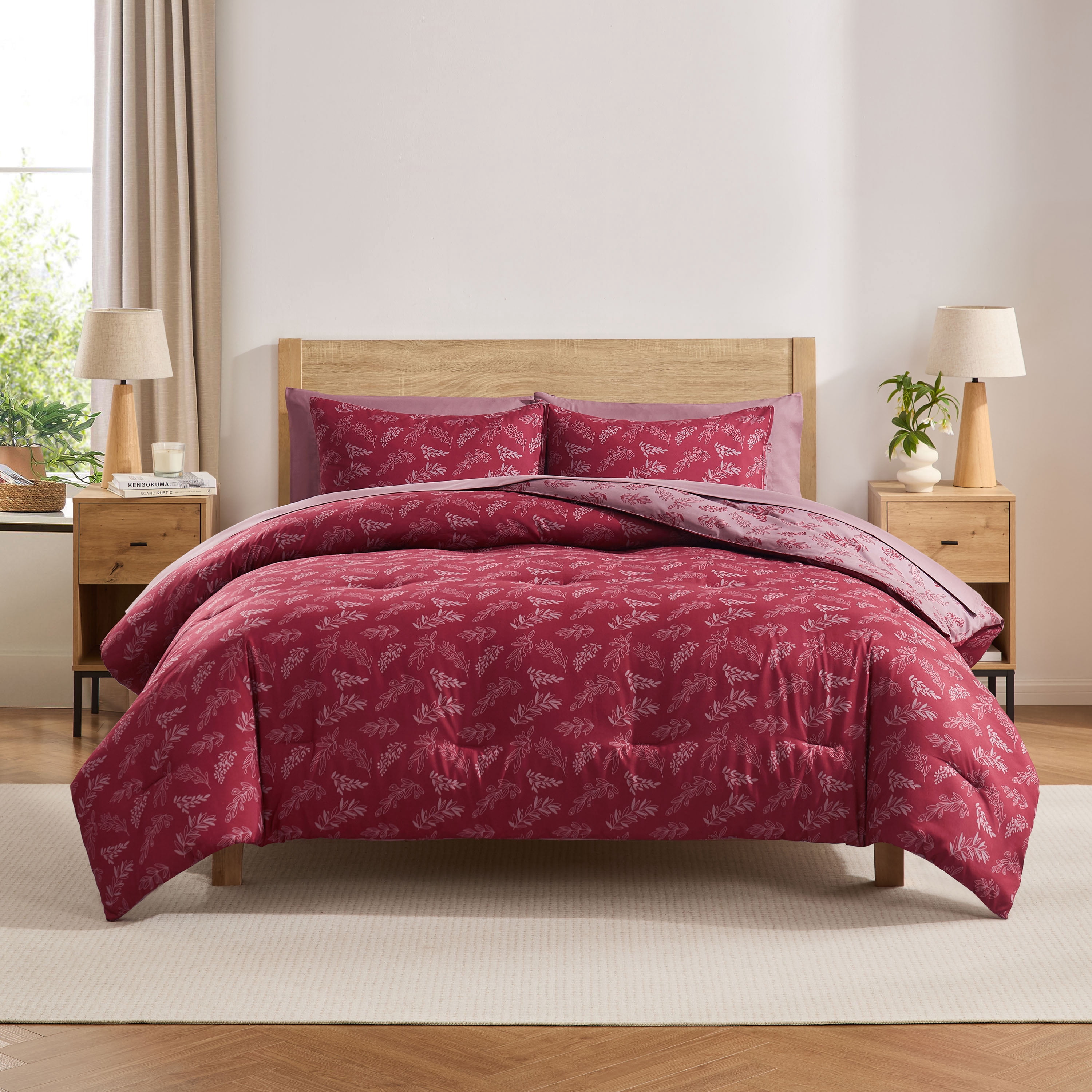 LammaLoe King Size Comforter Set, 7 Piece Botanical Bed in a Bag , Reversible Bedding Comforter Set with Sheets, Modern Bed Set, Mulberry/Smoky Lavender