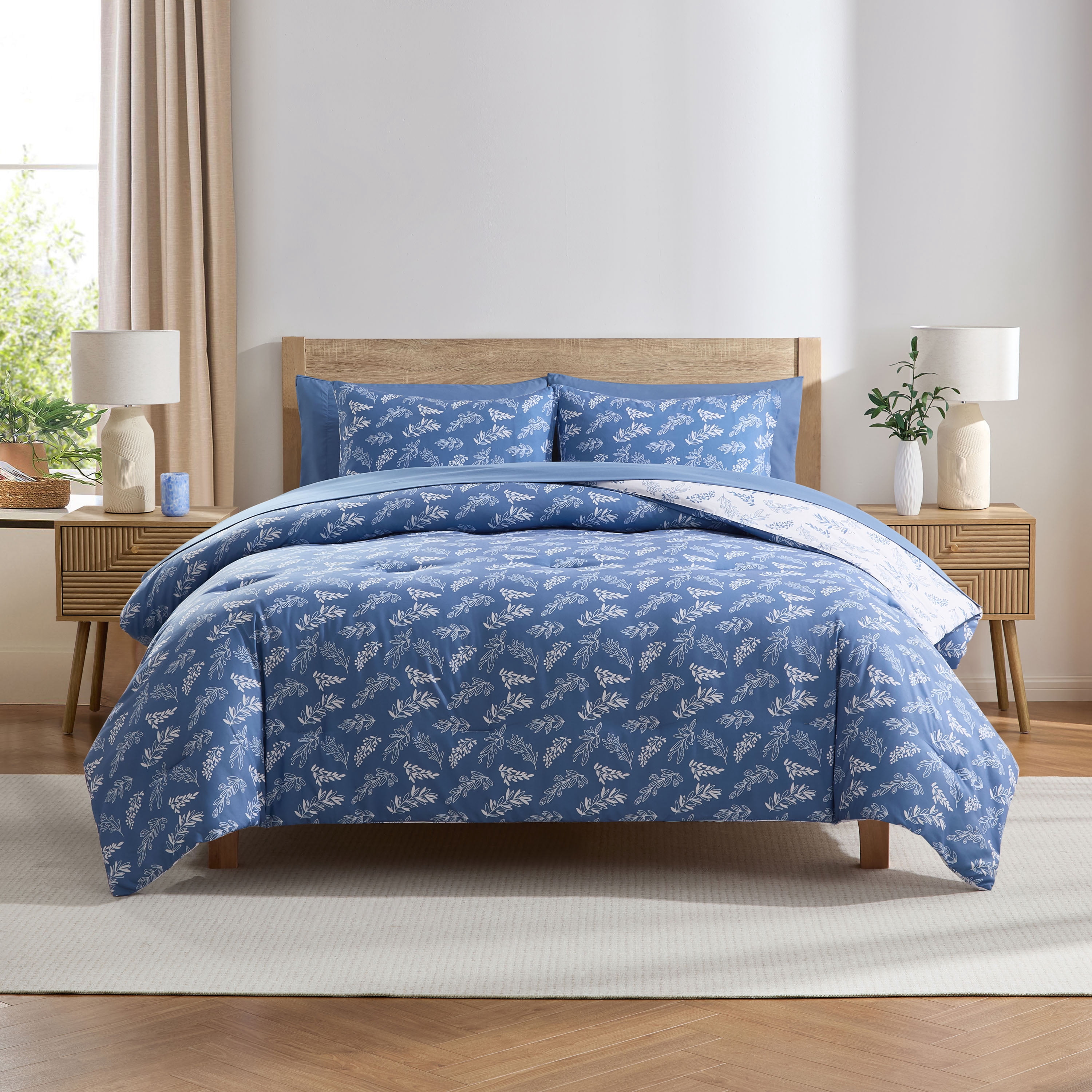 LammaLoe King Size Comforter Set, 7 Piece Botanical Bed in a Bag , Reversible Bedding Comforter Set with Sheets, Modern Bed Set, StateBlue/Cloud Stone