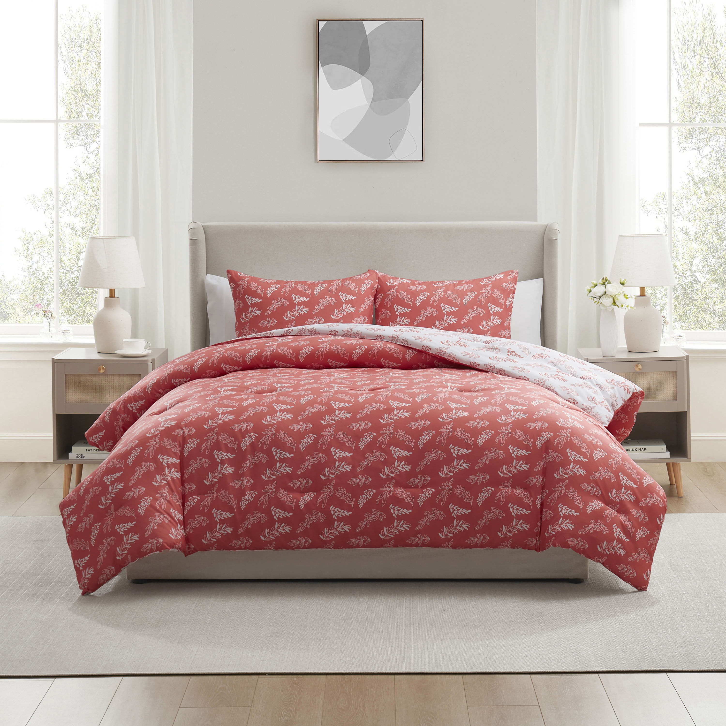 LammaLoe King Size Comforter Sets, 3 Piece Botanical Bed in a Bag, Reversible Bedding Comforter Set with Sheets, Modern Bed Set, Flamingo Pink/Cloudstone