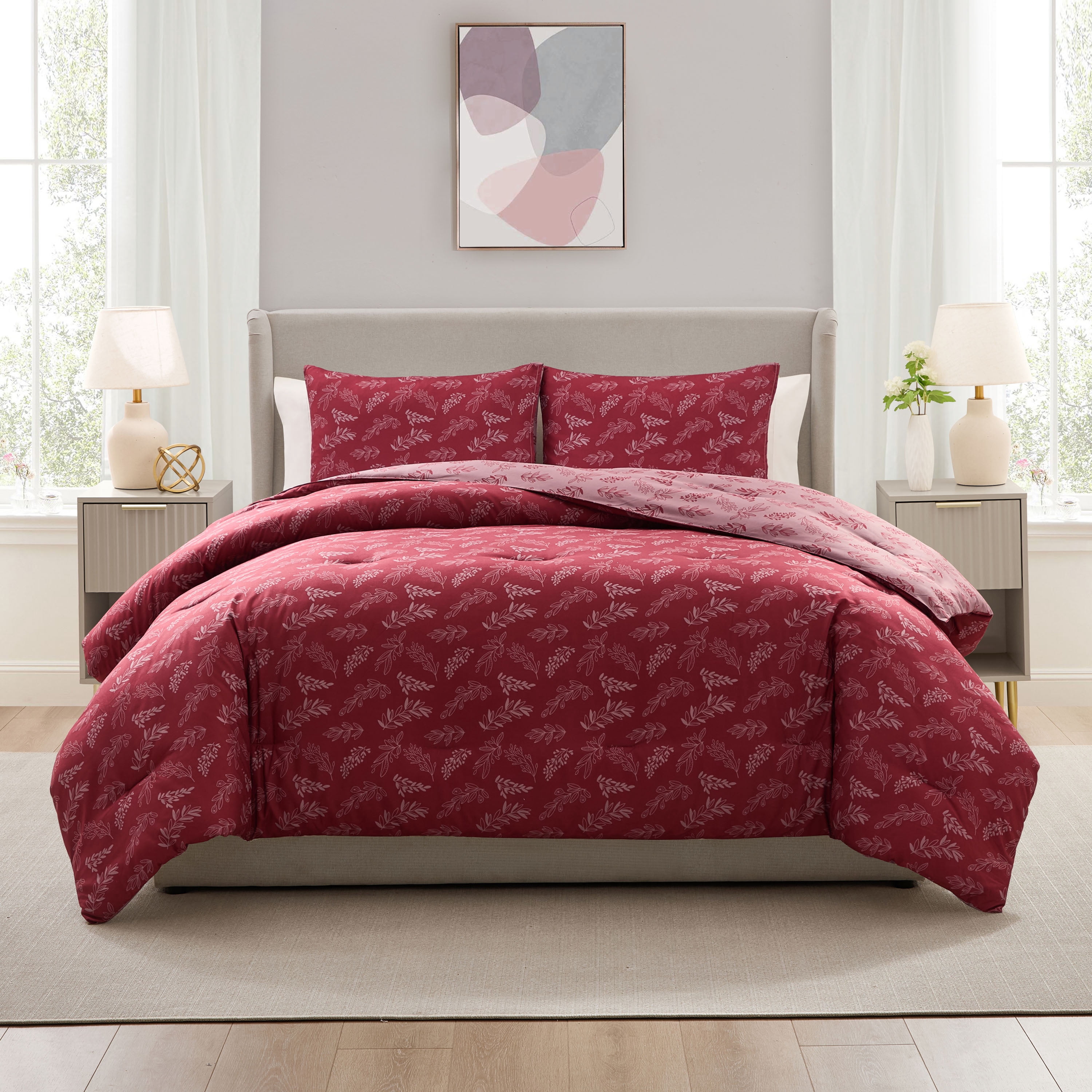 LammaLoe King Size Comforter Sets, 3 Piece Botanical Bed in a Bag, Reversible Bedding Comforter Set with Sheets, Modern Bed Set, Mulberry/Smokey Lavender