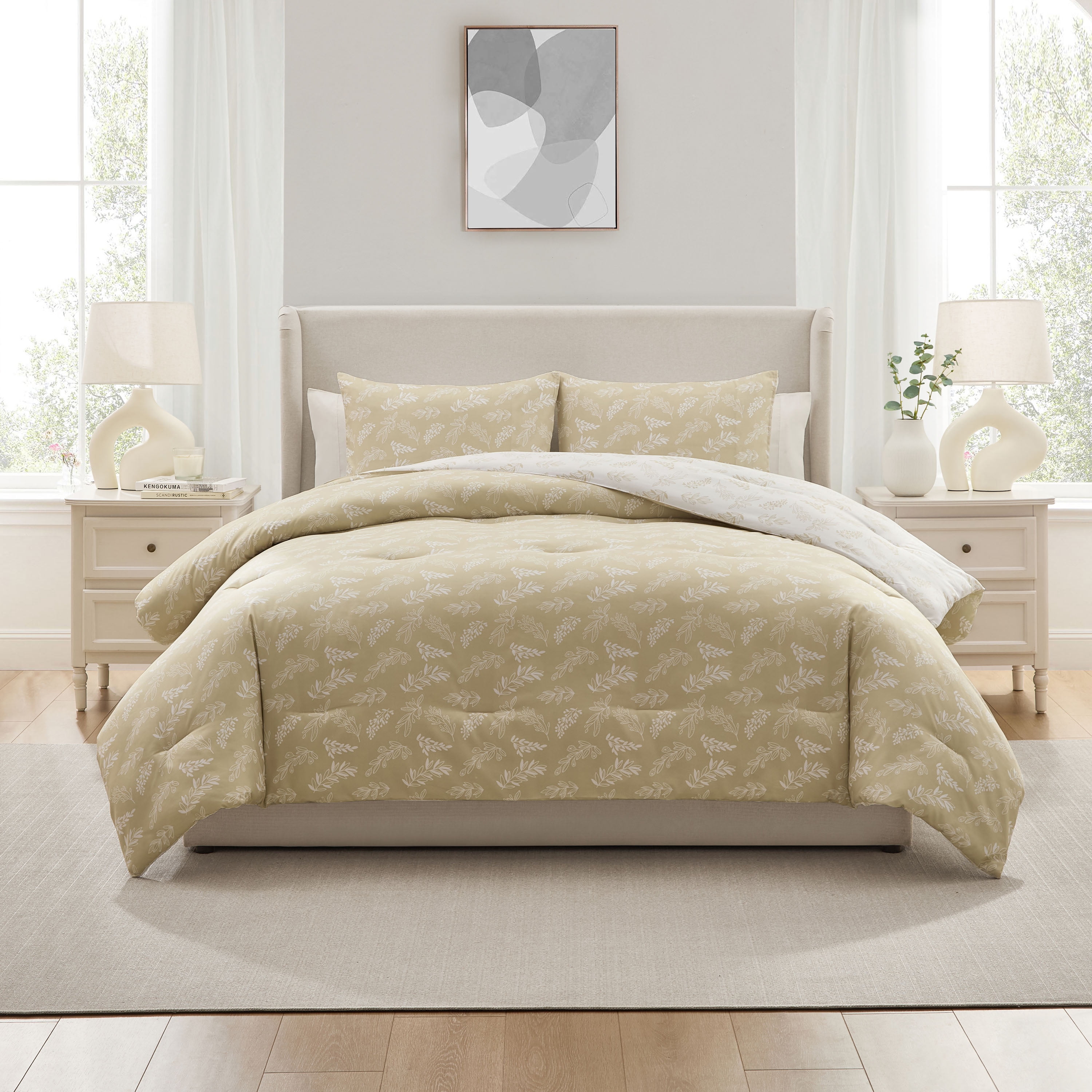 LammaLoe King Size Comforter Sets, 3 Piece Botanical Bed in a Bag, Reversible Bedding Comforter Set with Sheets, Modern Bed Set, Oatmeal/Offwhite