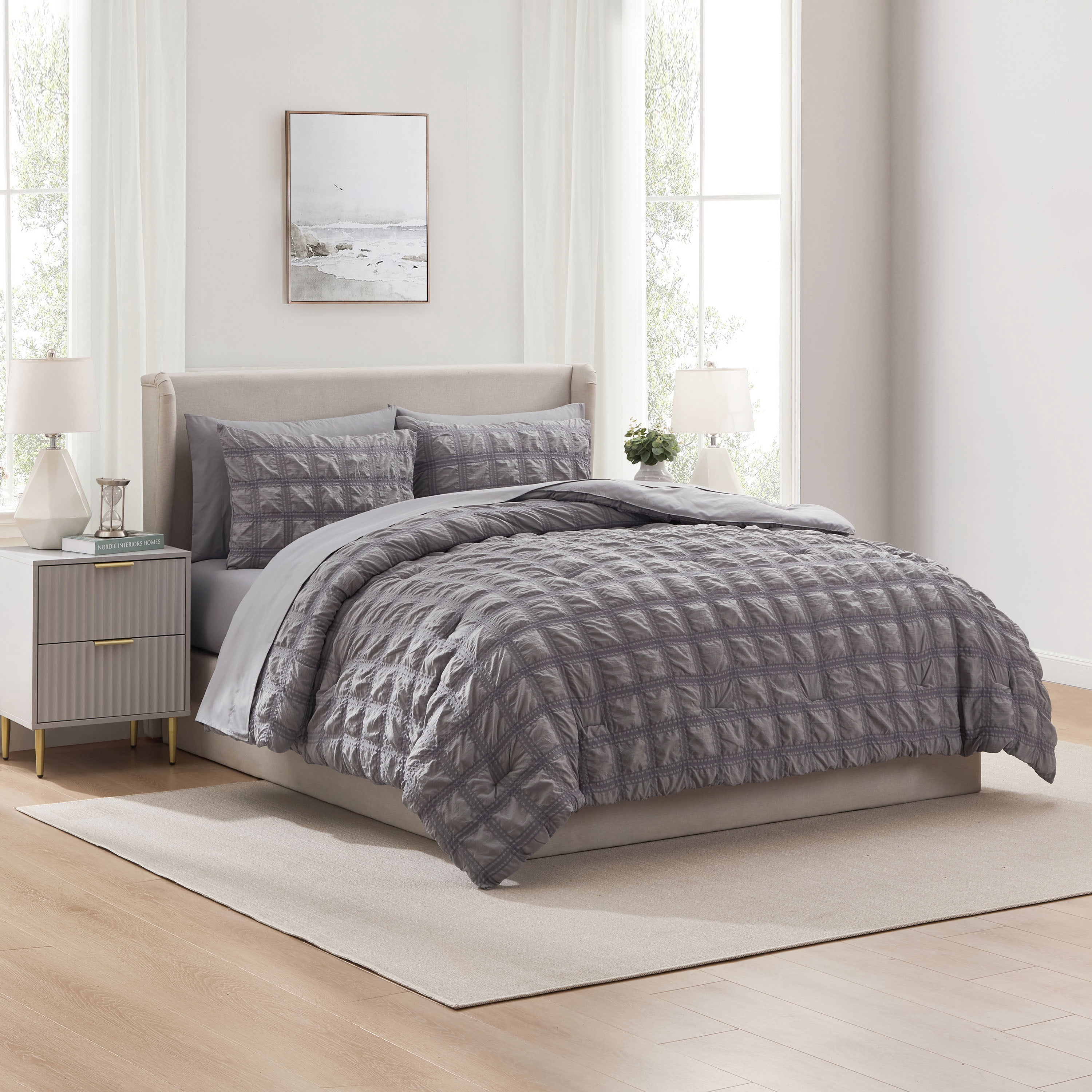 LammaLoe King Size Comforter Sets, 7 Piece Seersucker Bed in a Bag, Bedding Comforter Set with Sheets, Modern Bed Set, Gray