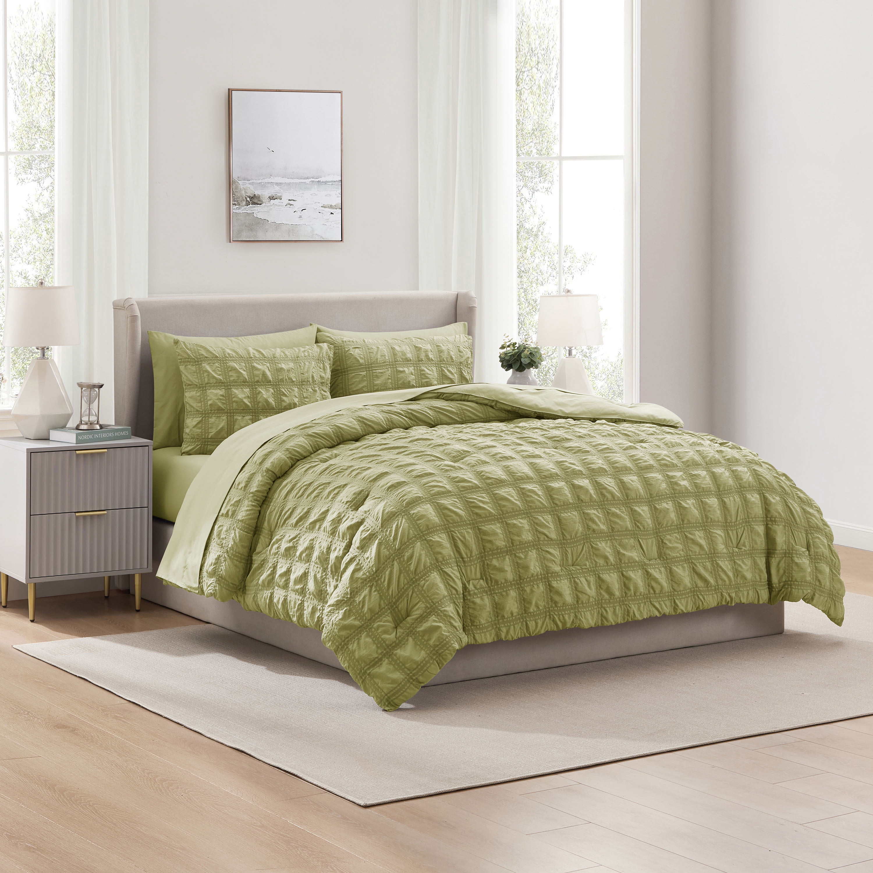 LammaLoe King Size Comforter Sets, 7 Piece Seersucker Bed in a Bag, Bedding Comforter Set with Sheets, Modern Bed Set, Olive Green