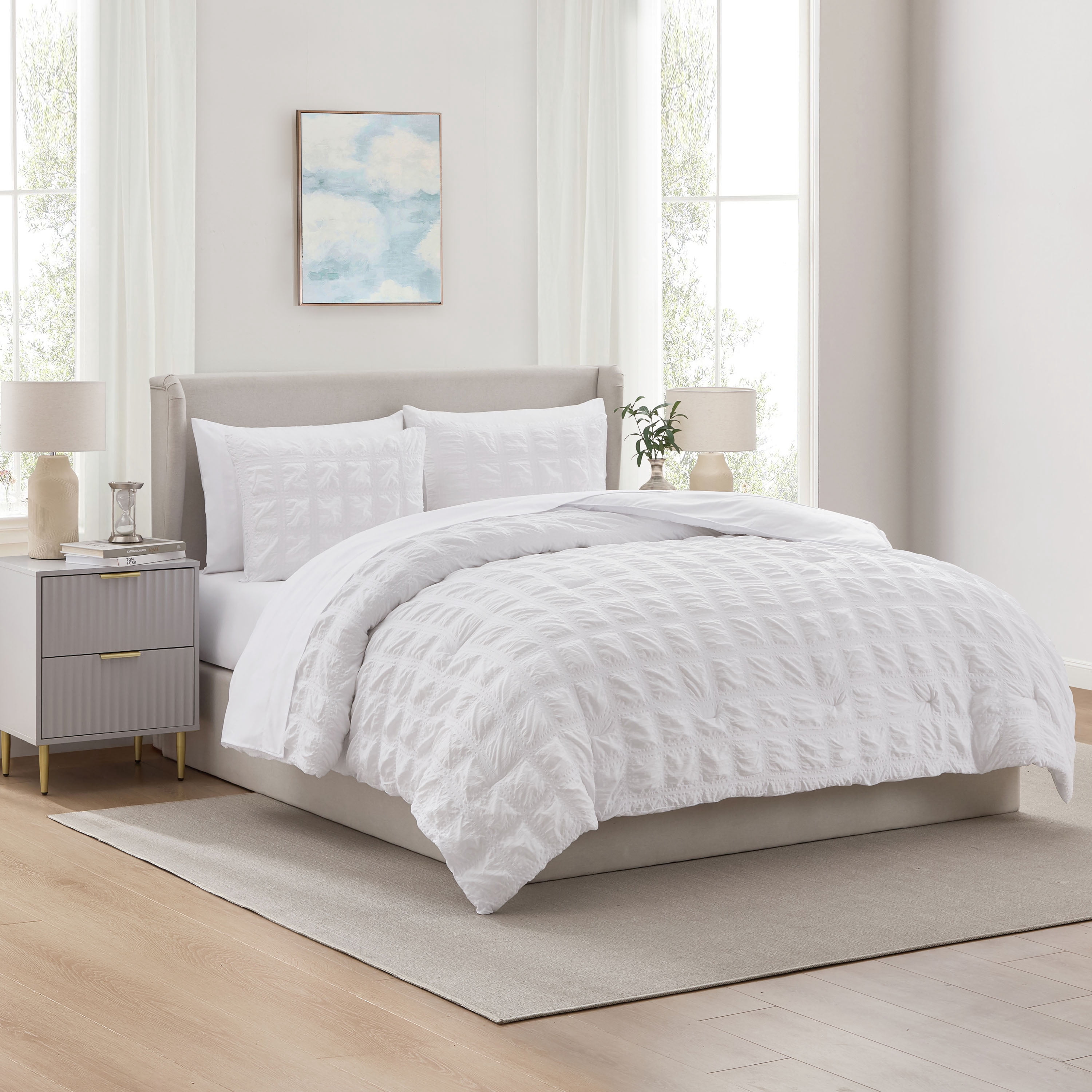 LammaLoe King Size Comforter Sets, 7 Piece Seersucker Bed in a Bag, Bedding Comforter Set with Sheets, Modern Bed Set, White