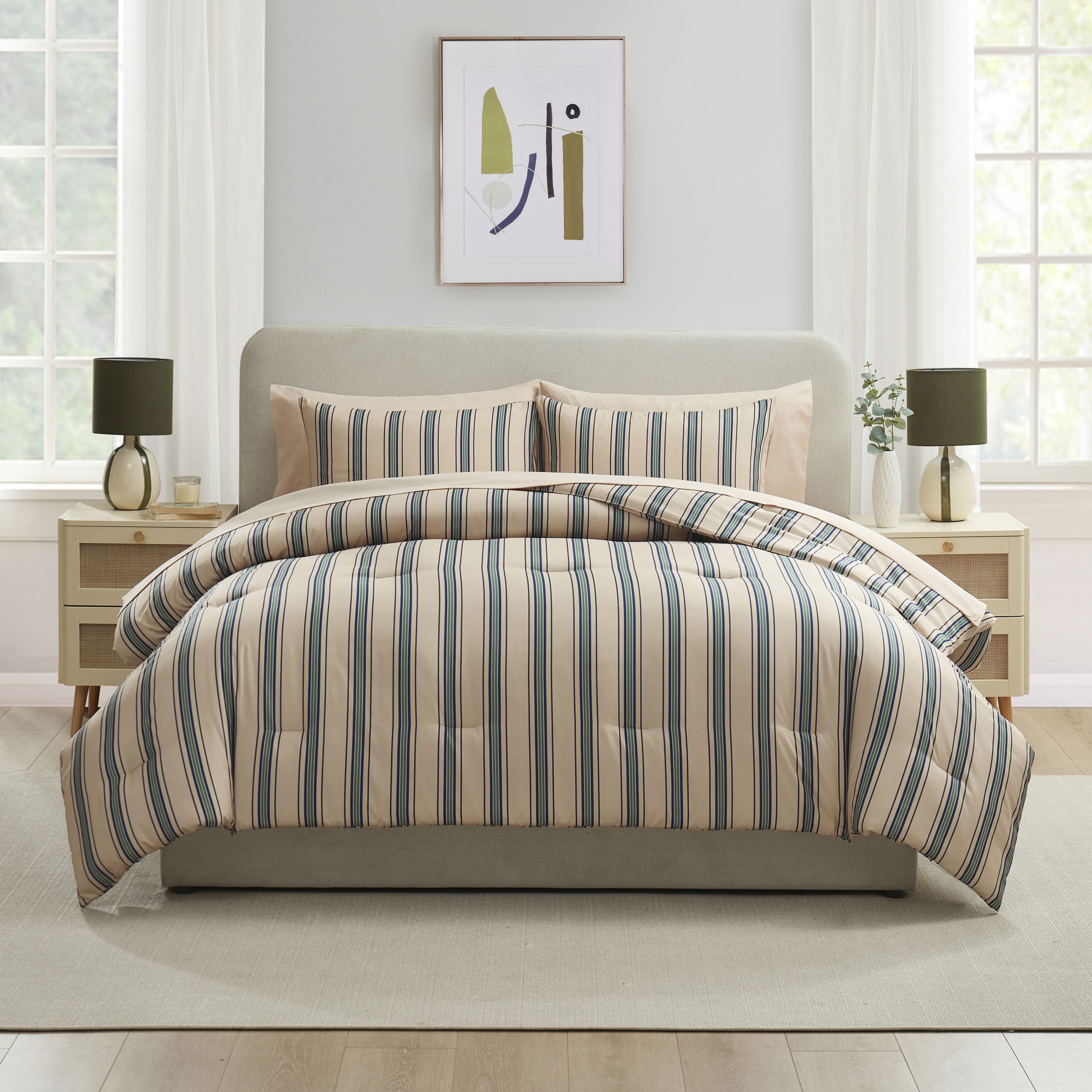 LammaLoe King Size Comforter Sets, 7 Piece Striped Bed in a Bag, Bedding Comforter Set with Sheets, Modern Bed Set, Cream