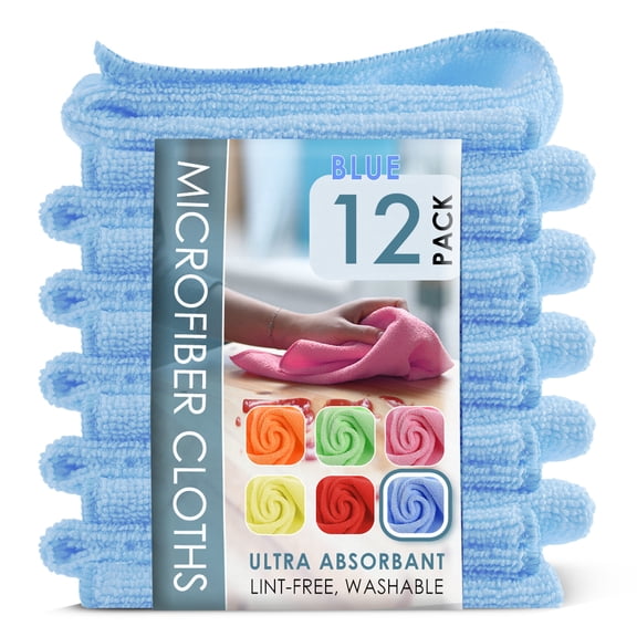LammaLoe Microfiber Cleaning Cloths, Super Absorbent Cleaning Rags & Car Towels Lint Free, 12x12 Multi-Purpose, 12 Pack, Blue