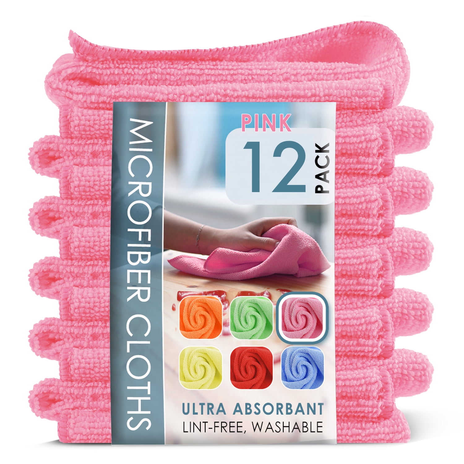 LammaLoe Microfiber Cleaning Cloths, Super Absorbent Cleaning Rags, Car Towels & Kitchen Towels, Lint Free, 12 Pack, Pink