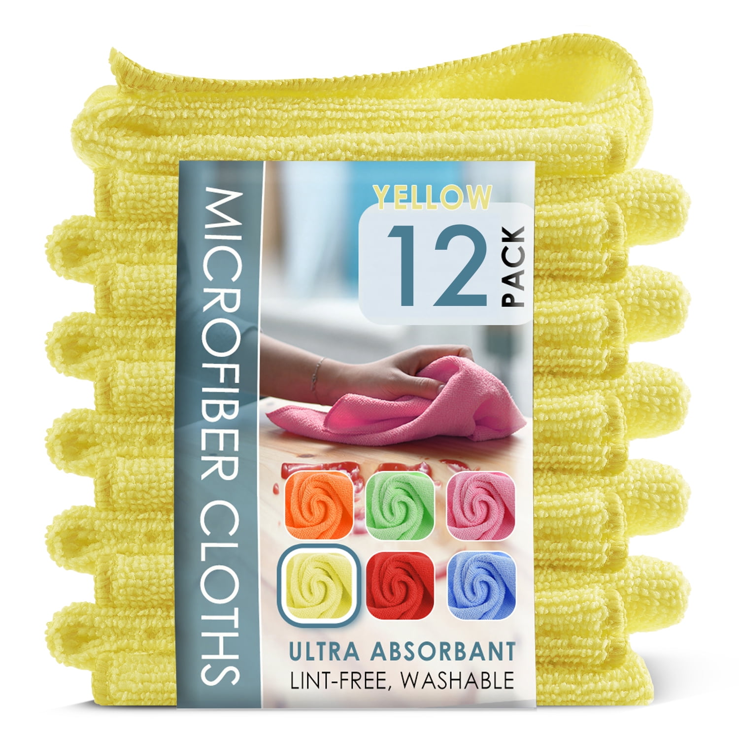 LammaLoe Microfiber Cleaning Cloths, Super Absorbent Cleaning Rags & Car Towels Lint Free, 12x12 Multi-Purpose, 12 Pack, Yellow