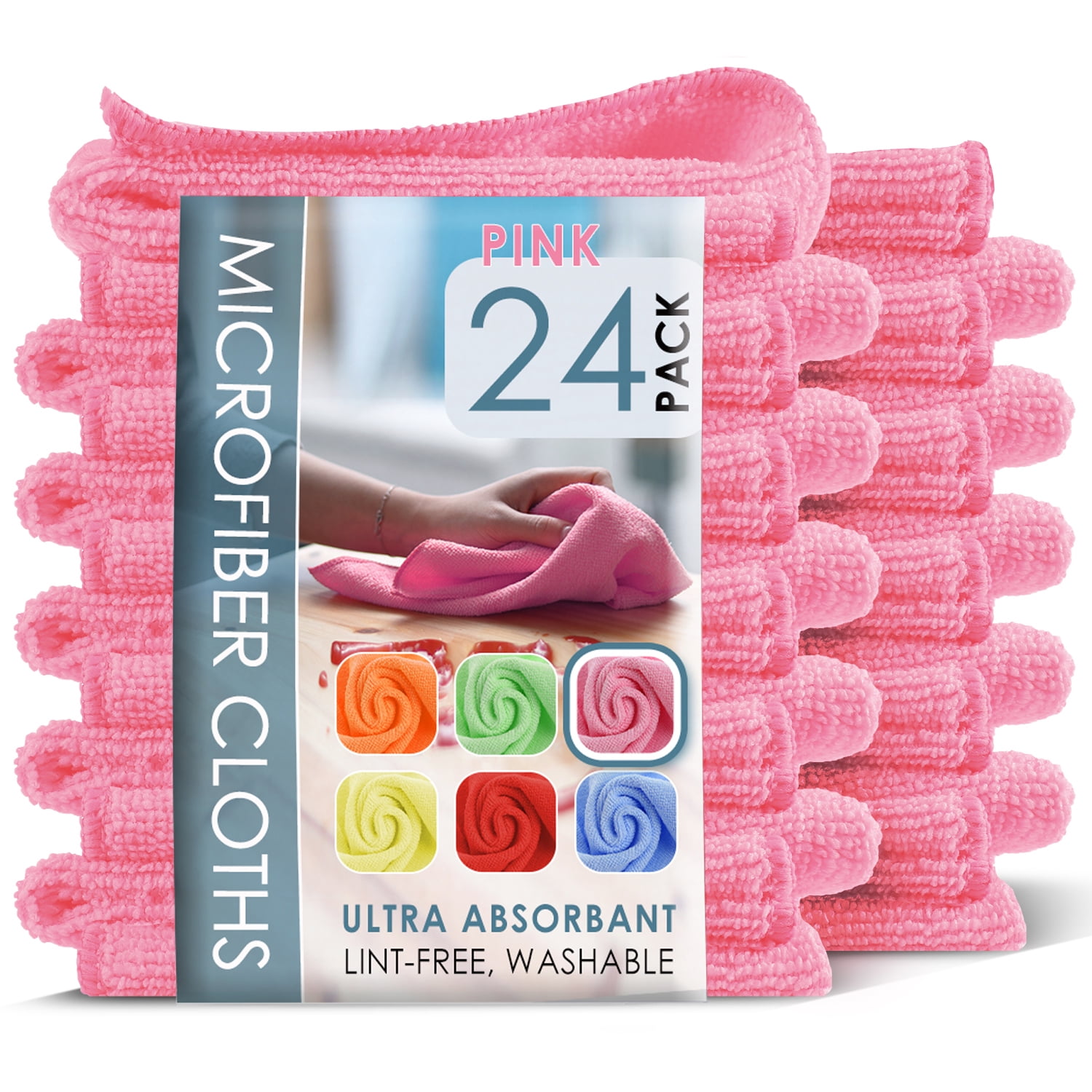LammaLoe Microfiber Cleaning Cloths, Super Absorbent Cleaning Rags & Car Towels Lint Free, 12x12 Multi-Purpose, 24 Pack, Pink