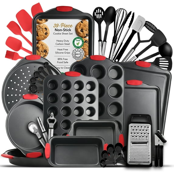 LammaLoe Nonstick Carbon Steel Bakeware Set, 39pc Black Baking Pan Set With Silicone Handles & Black Cooking Utensil Set