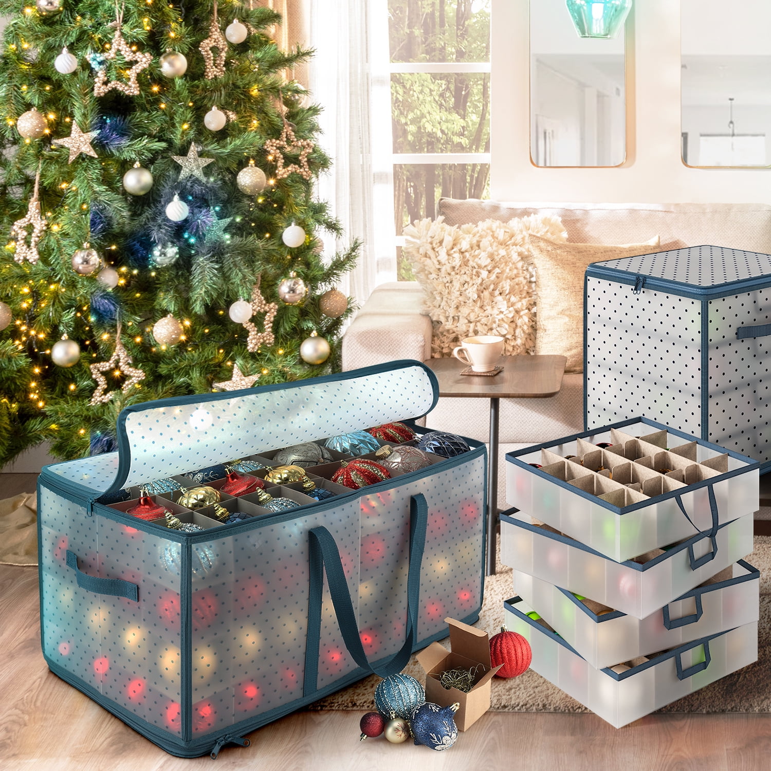 LammaLoe Ornament Storage Box, 128-Count Christmas Ornament Storage Containers, Foldable Holiday Ornament Organizer with Handles, Durable PVC Plastic