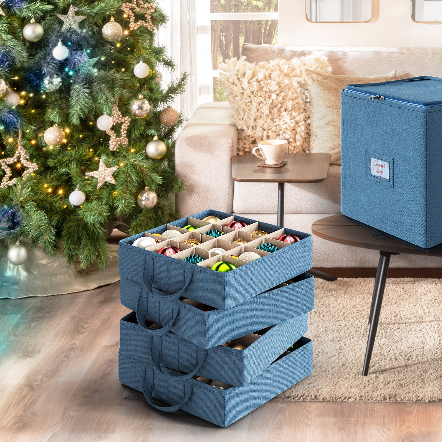 LammaLoe Ornament Storage Box, 64-Count Christmas Ornament Storage Containers, Foldable Holiday Ornament Organizer with Handles, Fabric