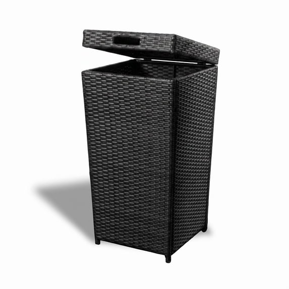 LammaLoe Outdoor Trash Can with Lid, 35 Gallon Wicker Hideaway Trash Can for Outside, Weather Resistant Patio Garbage Can, Black