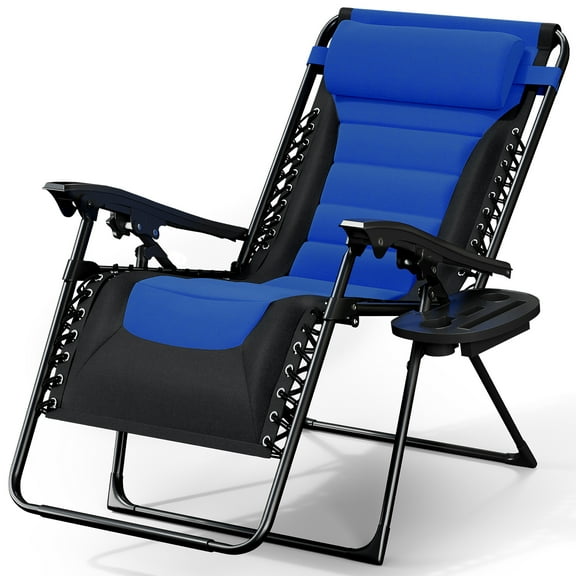 LammaLoe Padded Zero Gravity Chair Oversize, Lounge Chair Outdoor, with Adjustable Headrest and Side Tray, 330 lbs Capacity – Black/Blue
