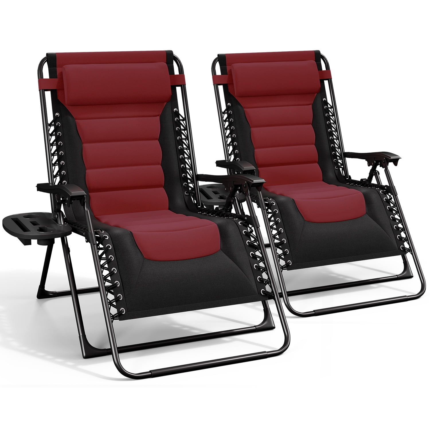 LammaLoe Padded Zero Gravity Chair set of 2, Oversized, Lounge Chair Outdoor, with Adjustable Headrest and Side Tray, 330 lbs Capacity – Black/Burgendy