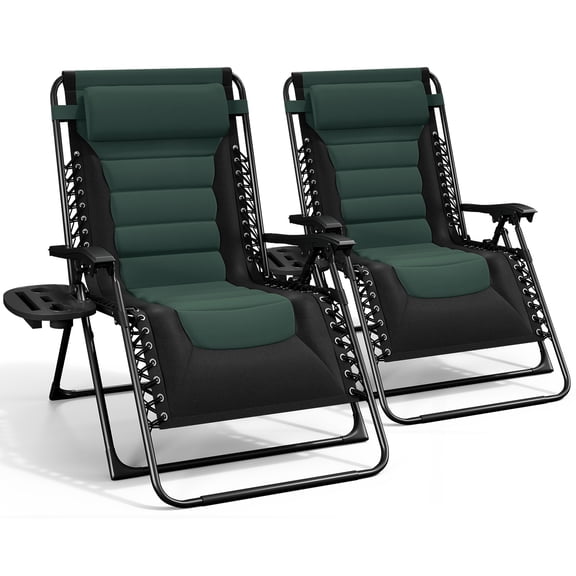 LammaLoe Padded Zero Gravity Chair set of 2, Oversized, Lounge Chair Outdoor, with Adjustable Headrest and Side Tray, 330 lbs Capacity – Black/Forest Green