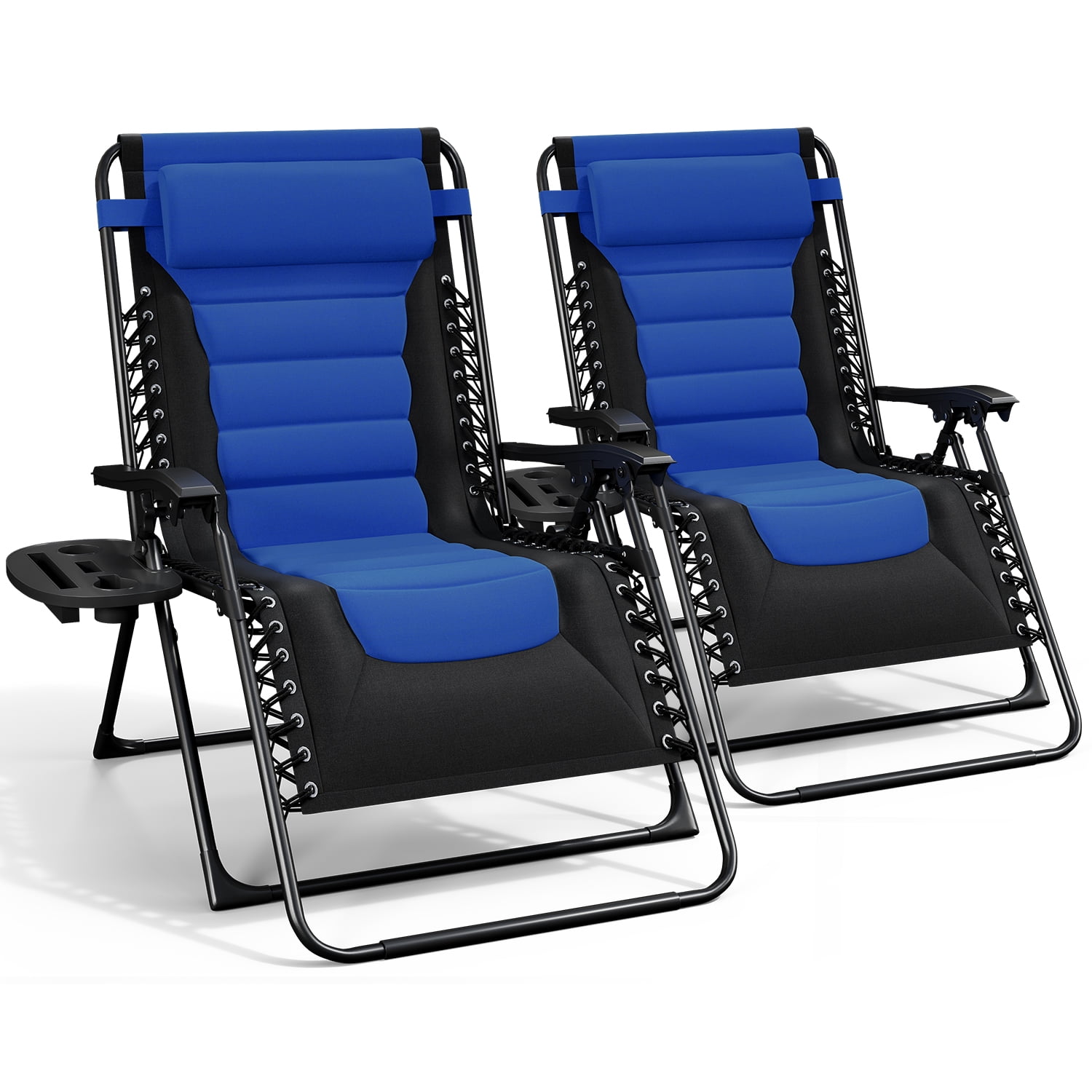 LammaLoe Padded Zero Gravity Chair set of 2, Oversized, Lounge Chair Outdoor, with Adjustable Headrest and Side Tray, 330 lbs Capacity – Black/Blue