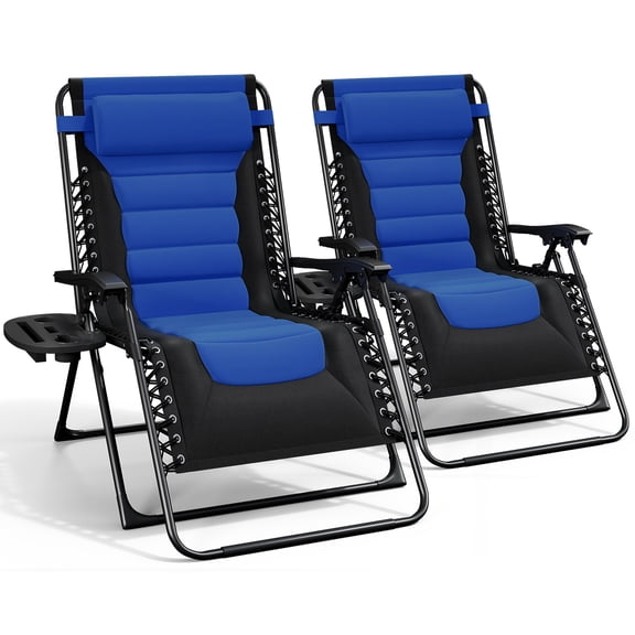 LammaLoe Padded Zero Gravity Chair set of 2, Oversized, Lounge Chair Outdoor, with Adjustable Headrest and Side Tray, 330 lbs Capacity – Black/Blue