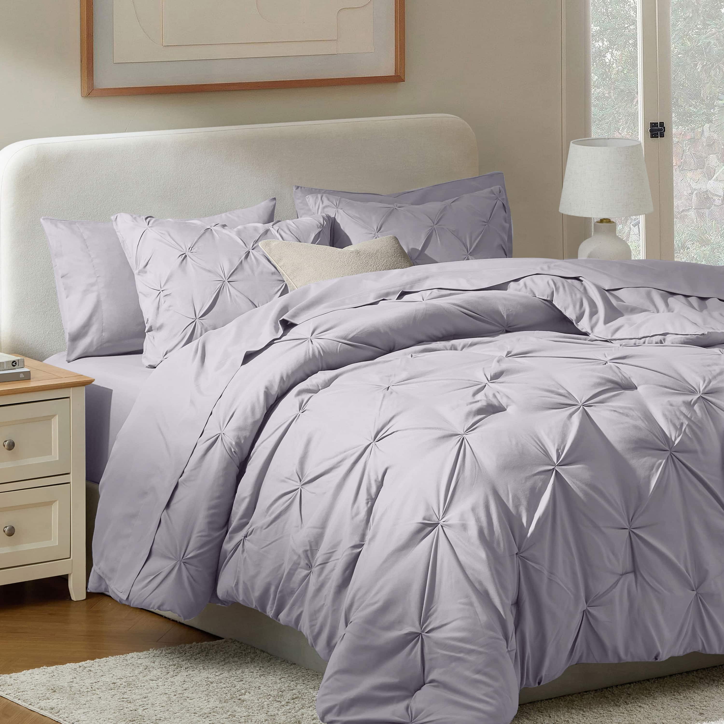 LammaLoe Queen Comforter Set, 7 Pc Bed In A Bag Pintuck Bedding Sets, Grey Lavender