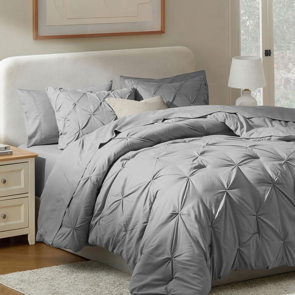 LammaLoe Queen Comforter Set, 7 Pc Bed In A Bag Pintuck Bedding Sets, Grey