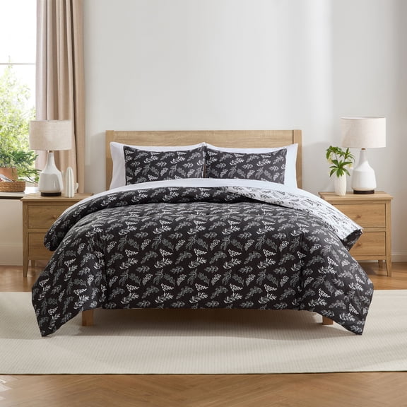 LammaLoe Queen Comforter Set, 7 Piece Botanical Bed in a Bag, Reversible Bedding Comforter Set with Sheets, Modern Queen Bed Set, Jet Black/Optical White