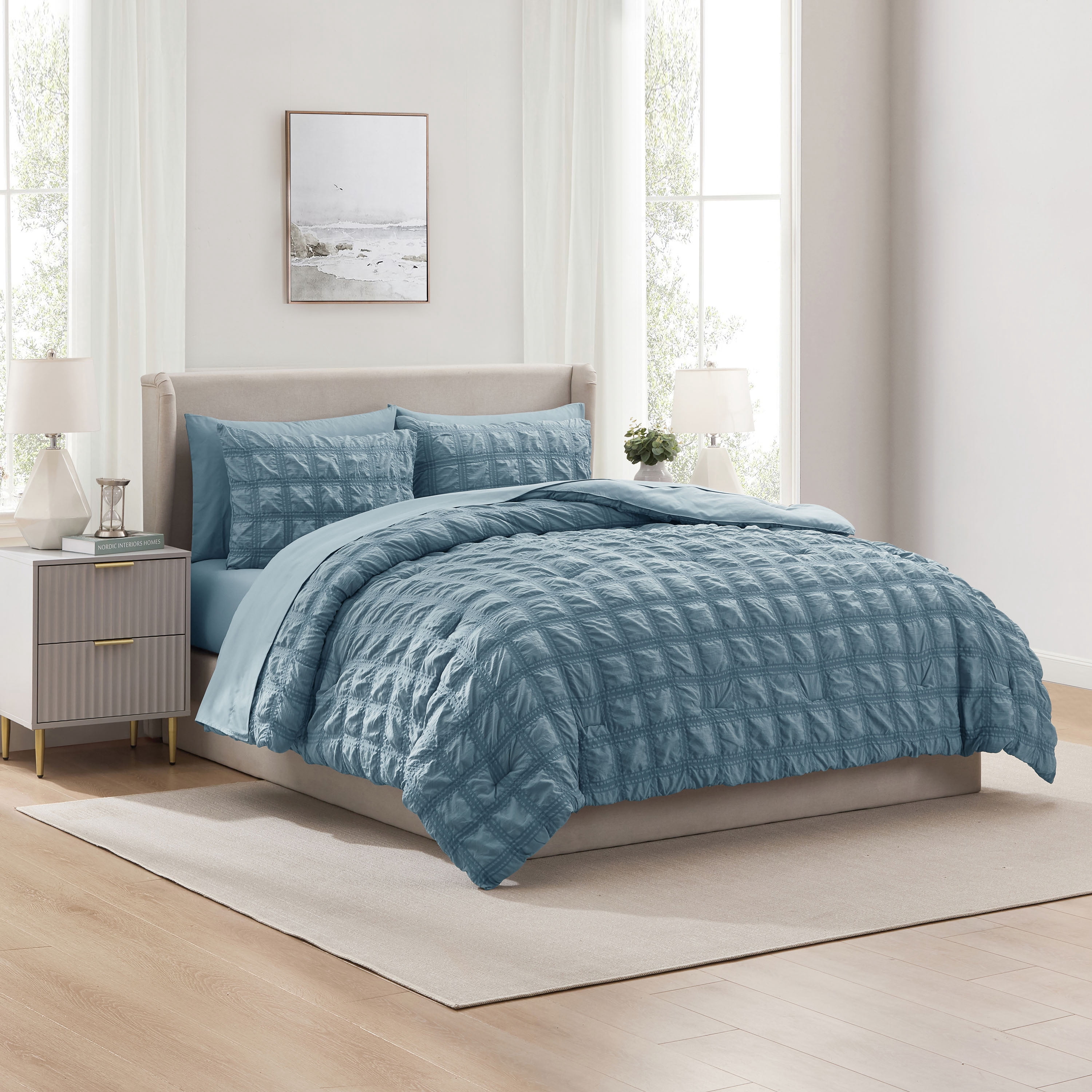 LammaLoe Queen Comforter Set, 7 Piece Seersucker Bed in a Bag, Bedding Comforter Set with Sheets, Modern Bed Set, Stone Blue