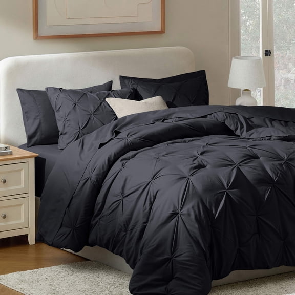 LammaLoe Queen Comforter Set, 7 Piece Bed In A Bag Pintuck Bedding Sets, BLK