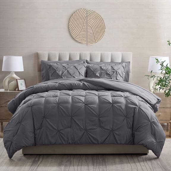 LammaLoe Queen Comforter Set, 7 Piece Bed In A Bag Pintuck Bedding Sets, Dark Grey