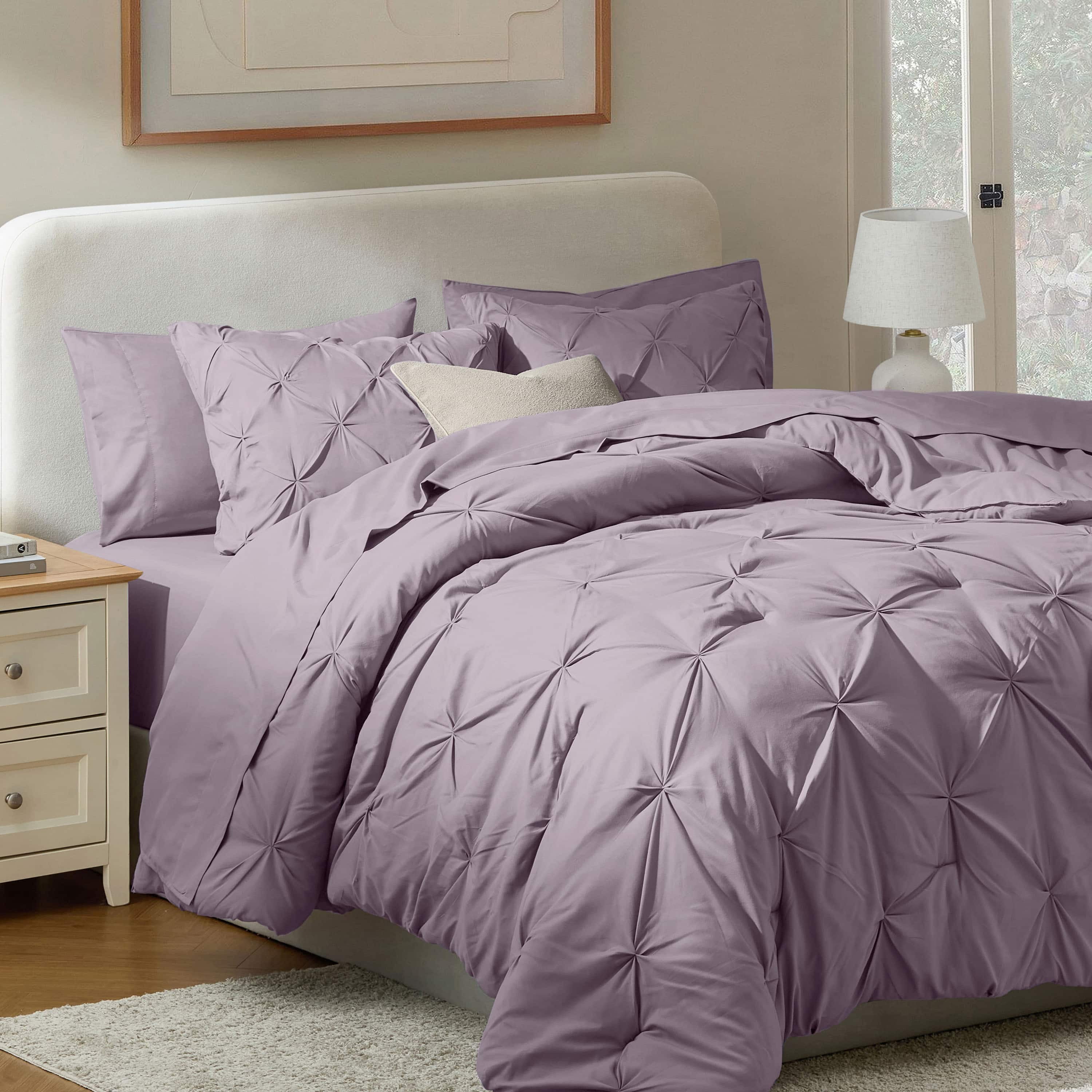 LammaLoe Queen Comforter Set, 7 Piece Bed In A Bag Pintuck Bedding Sets, Dusty Purple