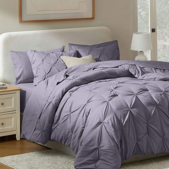 LammaLoe Queen Comforter Set, 7 Piece Bed In A Bag Pintuck Bedding Sets, Grayish Purple