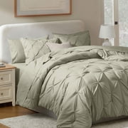 LammaLoe Queen Comforter Set, 7 Piece Bed In A Bag Pintuck Bedding Sets, Light Sage