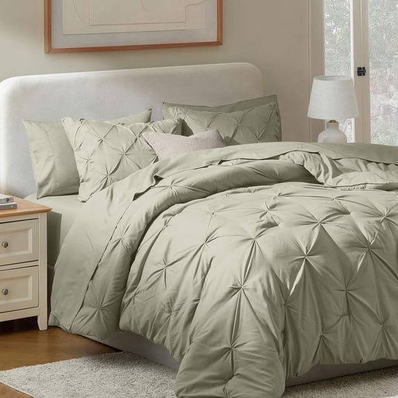 LammaLoe Queen Comforter Set, 7 Piece Bed In A Bag Pintuck Bedding Sets, Light Sage