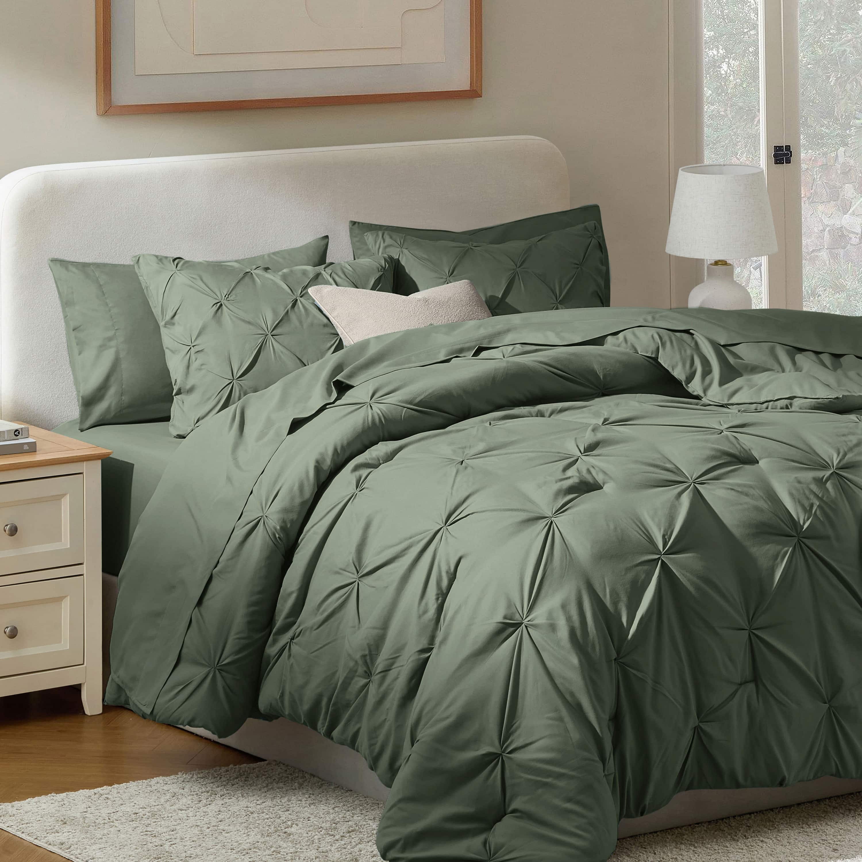 LammaLoe Queen Comforter Set, 7 Piece Bed In A Bag Pintuck Bedding Sets, Olive Green