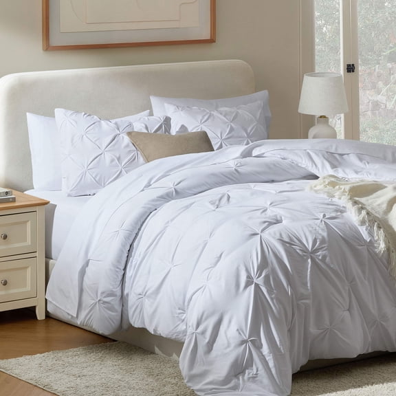 LammaLoe Queen Comforter Set, 7 Piece Bed In A Bag Pintuck Bedding Sets, Stone Blue