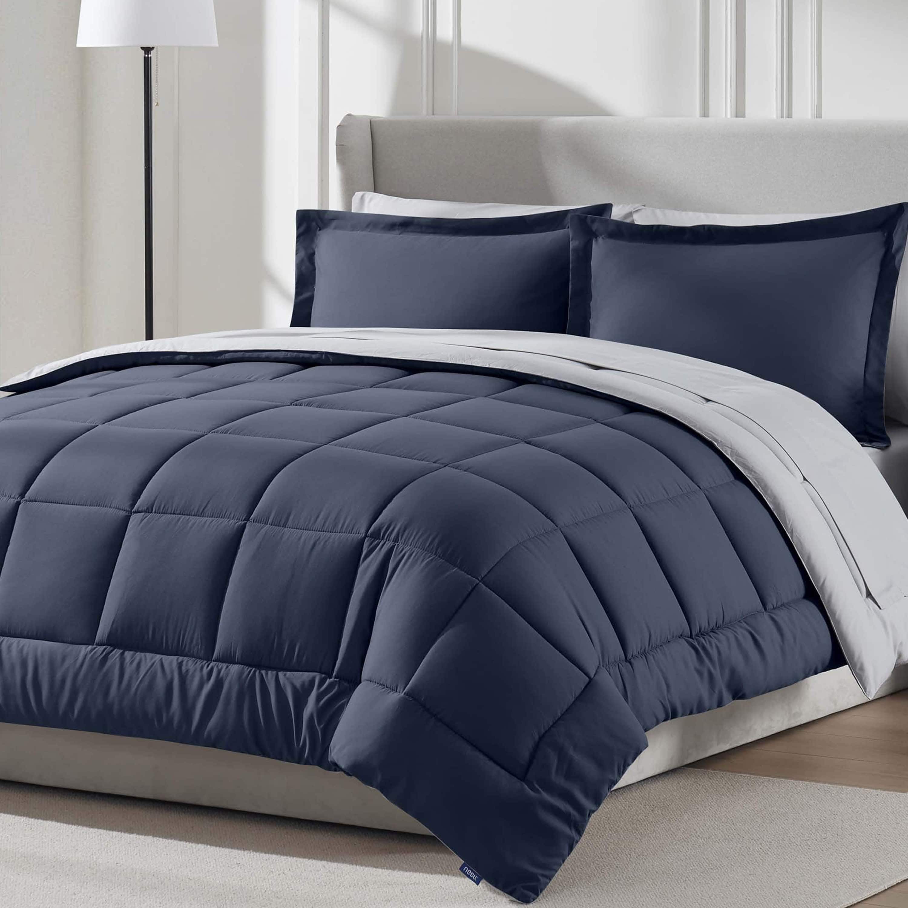 LammaLoe Queen Comforter Set, With Sheets, Reversible Bed In A Bag 7 Piece, Bedding Set, Navy