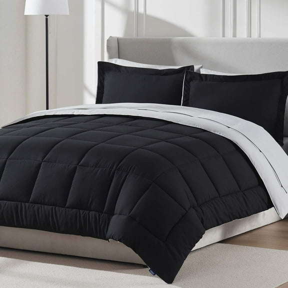LammaLoe Queen Comforter Set, With Sheets, Reversible Bed In A Bag 7 Piece, Bedding Set, Black