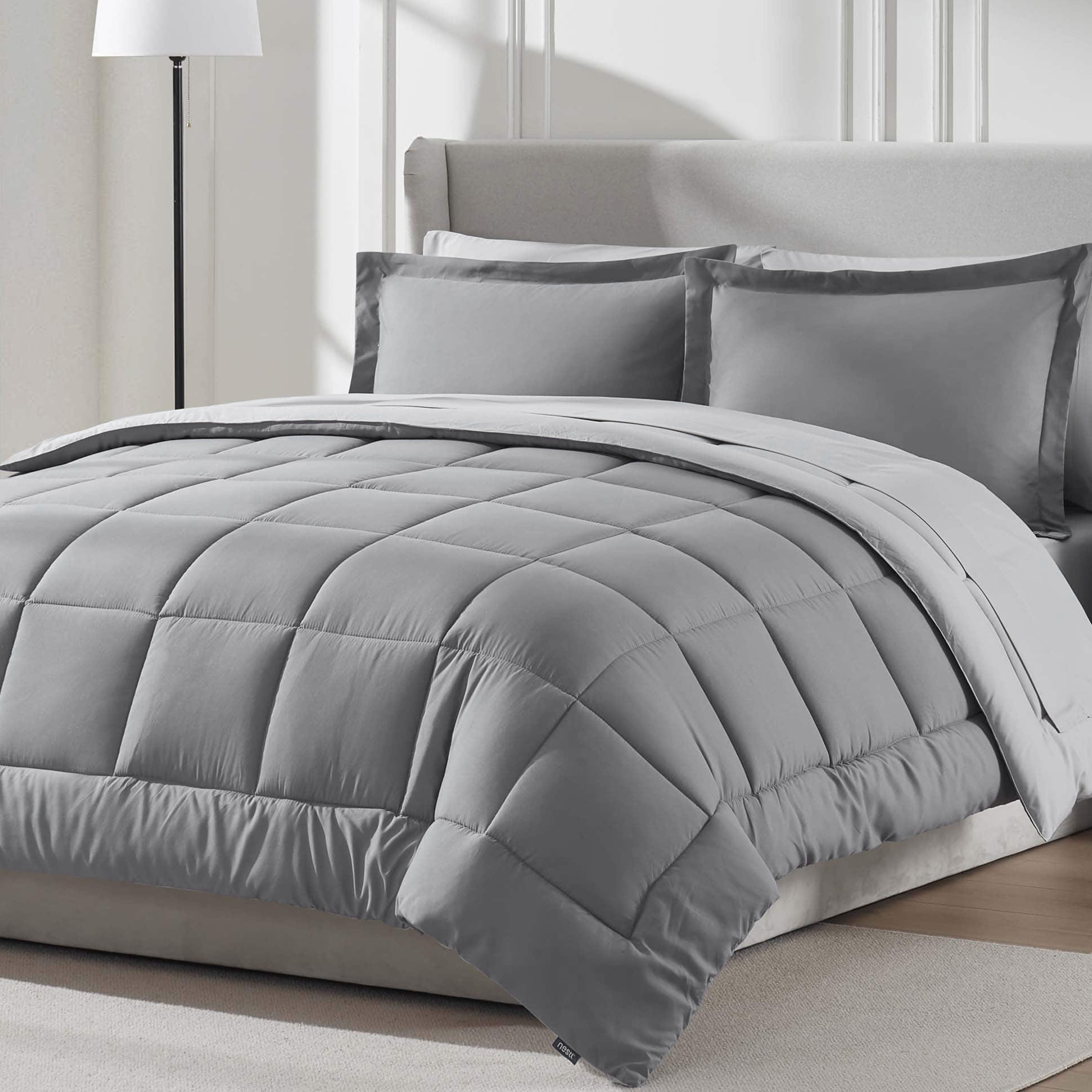 LammaLoe Queen Comforter Set, With Sheets, Reversible Bed In A Bag 7 Piece, Bedding Set, Grey
