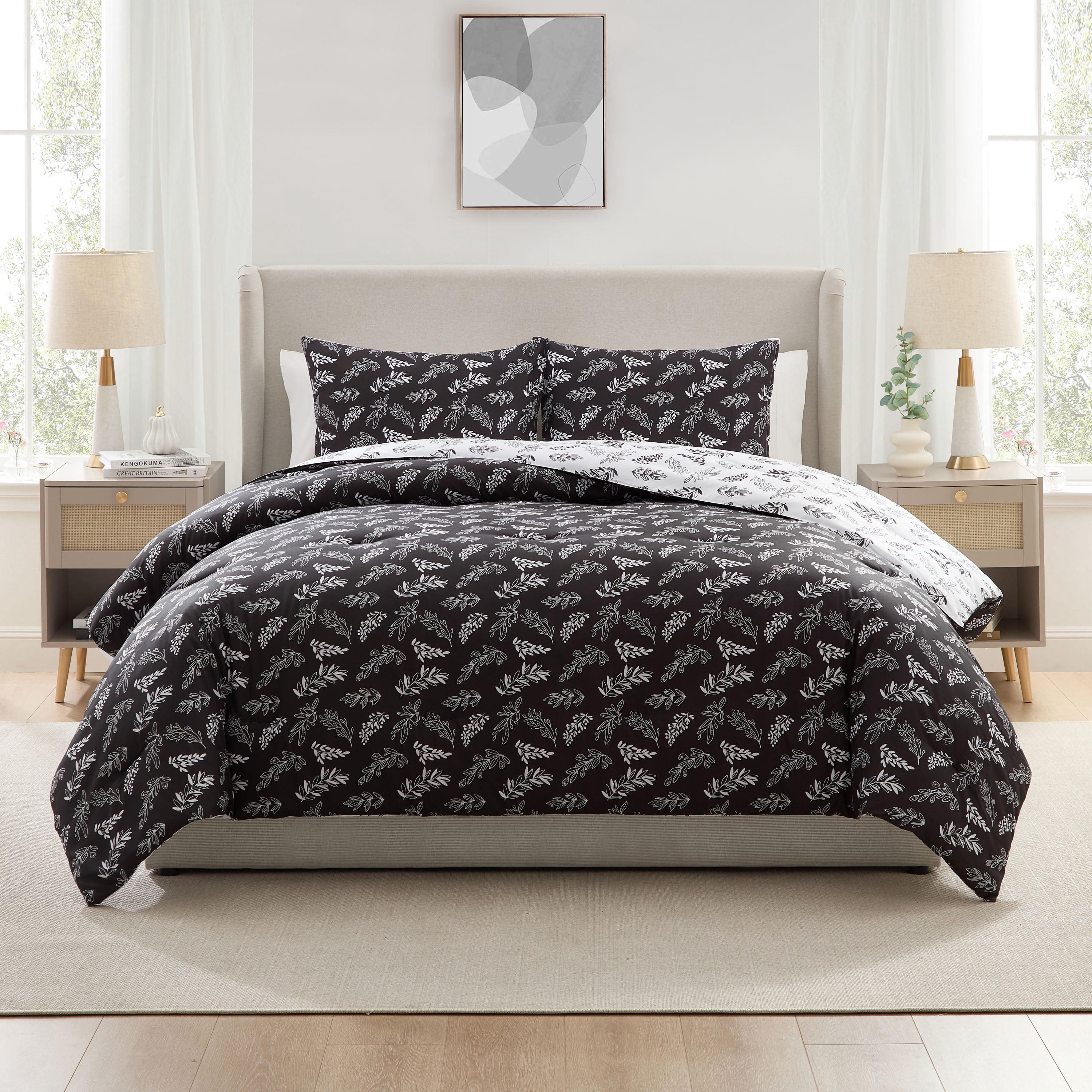 LammaLoe Queen comforter set, 3 Piece Botanical Bed in a Bag, Reversible Bedding Comforter Set with Sheets, Modern Bed Set, Jet Black/Optical White