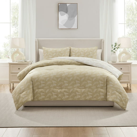 LammaLoe Queen comforter set, 3 Piece Botanical Bed in a Bag, Reversible Bedding Comforter Set with Sheets, Modern Bed Set, Oatmeal/Offwhite