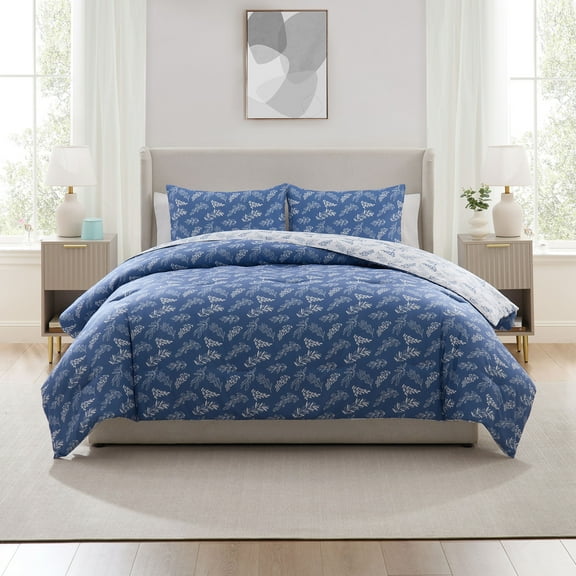 LammaLoe Queen comforter set, 3 Piece Botanical Bed in a Bag, Reversible Bedding Comforter Set with Sheets, Modern Bed Set, Slate Blue/Cloud Stone