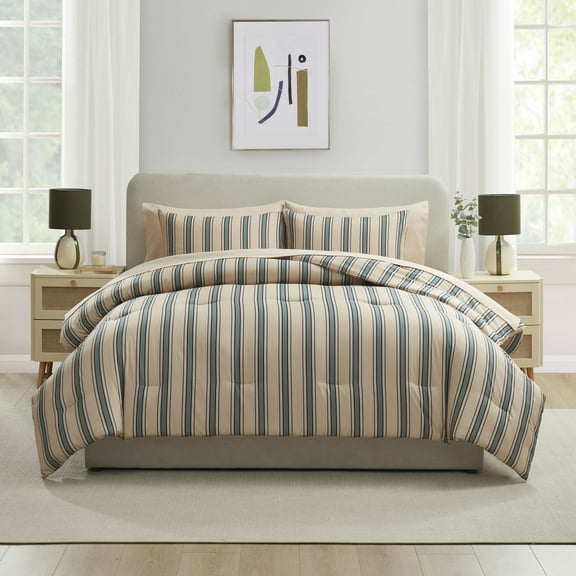 LammaLoe Queen comforter set, 7 Piece Striped Bed in a Bag, Bedding Comforter Set with Sheets, Modern Bed Set, Cream