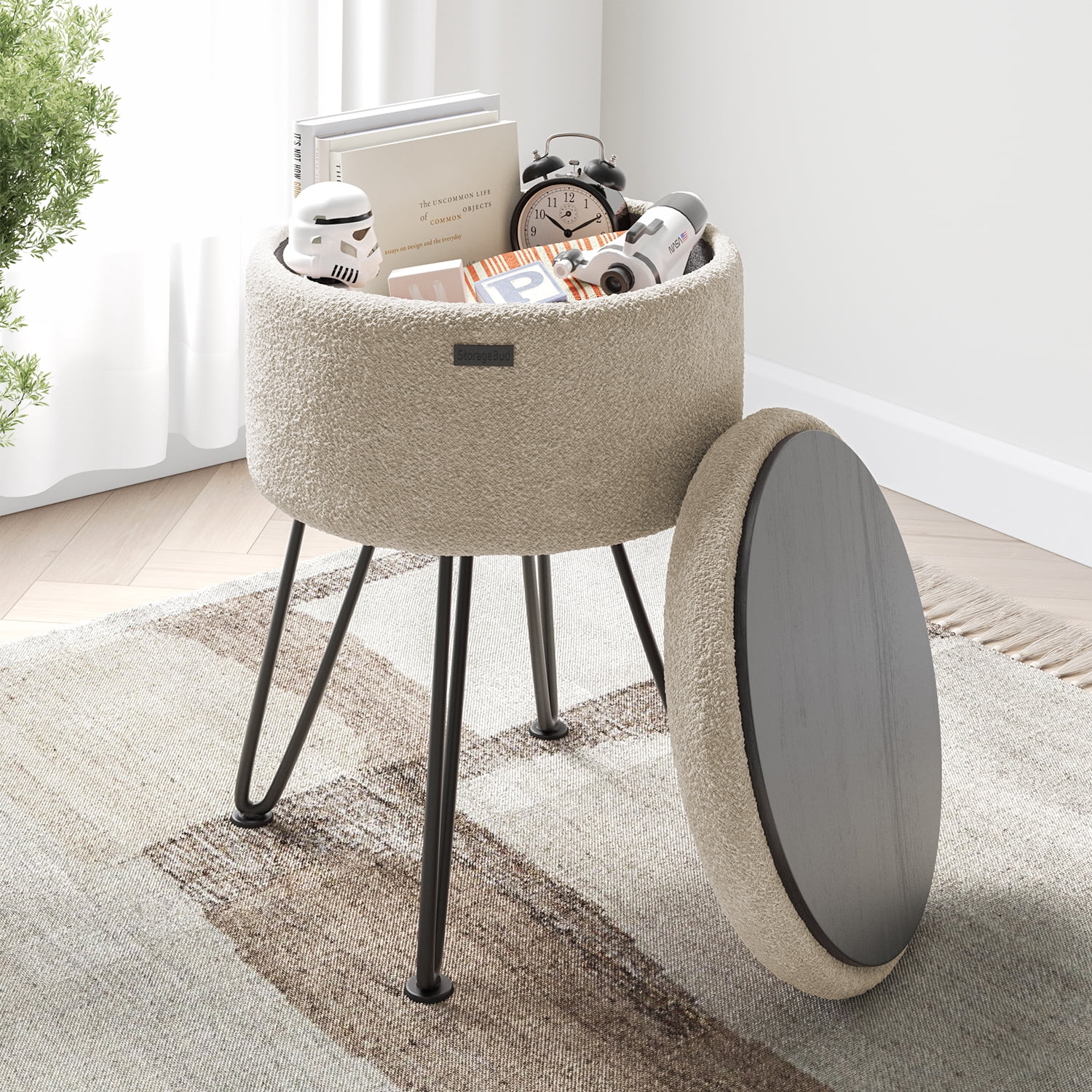 LammaLoe Small Round Ottoman with Storage, Boucle Ottoman Foot Stool with Lid, Upholstered Vanity Stool for Living Room & Bedroom, Beige