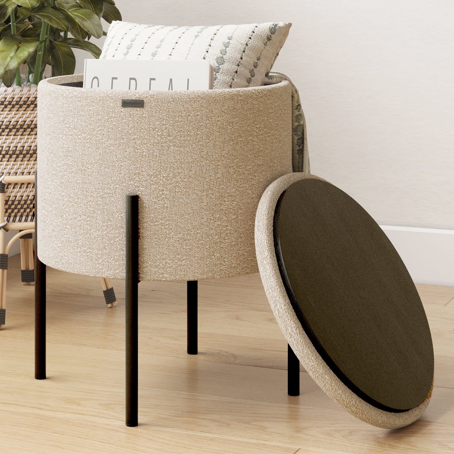 LammaLoe Small Round Ottoman with Storage, Boucle Ottoman Foot Stool with Lid, Upholstered Vanity Stool for Living Room & Bedroom, Beige