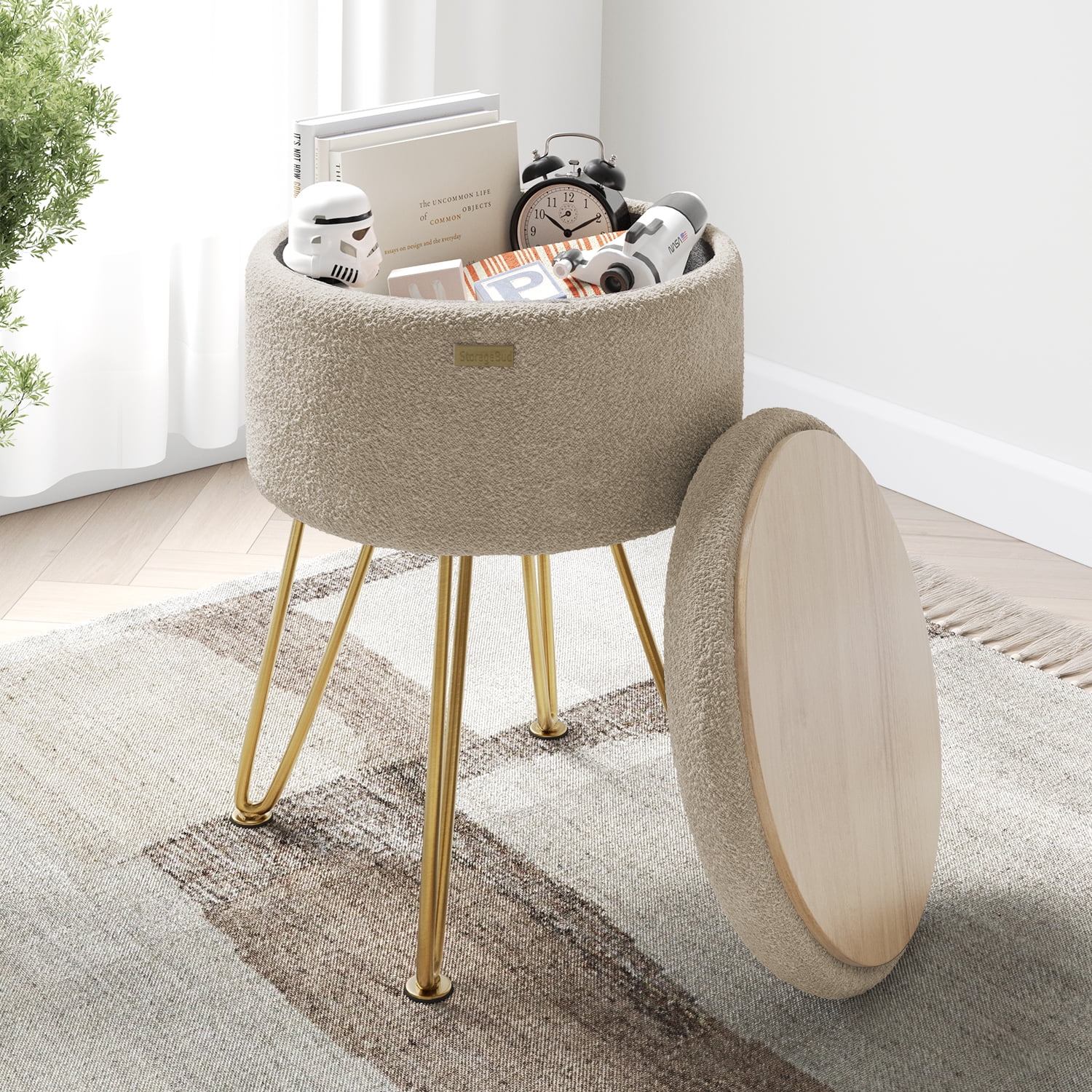 LammaLoe Small Round Ottoman with Storage, Boucle Ottoman Foot Stool with Lid, Upholstered Vanity Stool for Living Room & Bedroom, Beige