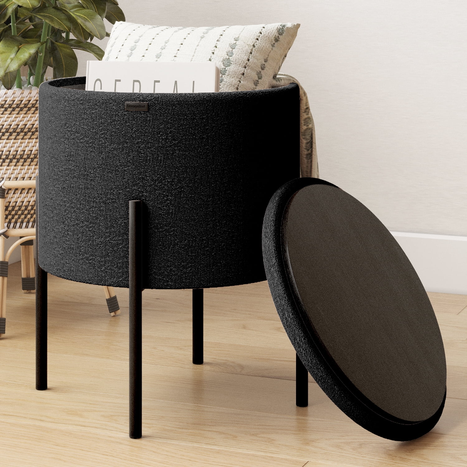 LammaLoe Small Round Ottoman with Storage, Boucle Ottoman Foot Stool with Lid, Upholstered Vanity Stool for Living Room & Bedroom, Black