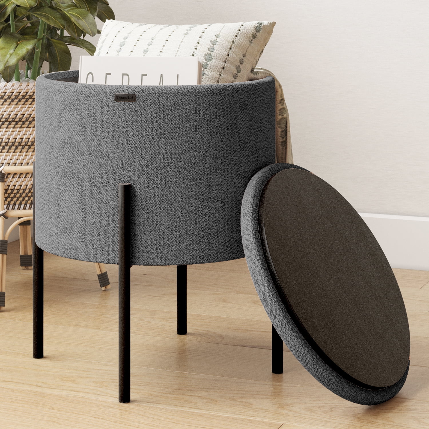 LammaLoe Small Round Ottoman with Storage, Boucle Ottoman Foot Stool with Lid, Upholstered Vanity Stool for Living Room & Bedroom, Grey