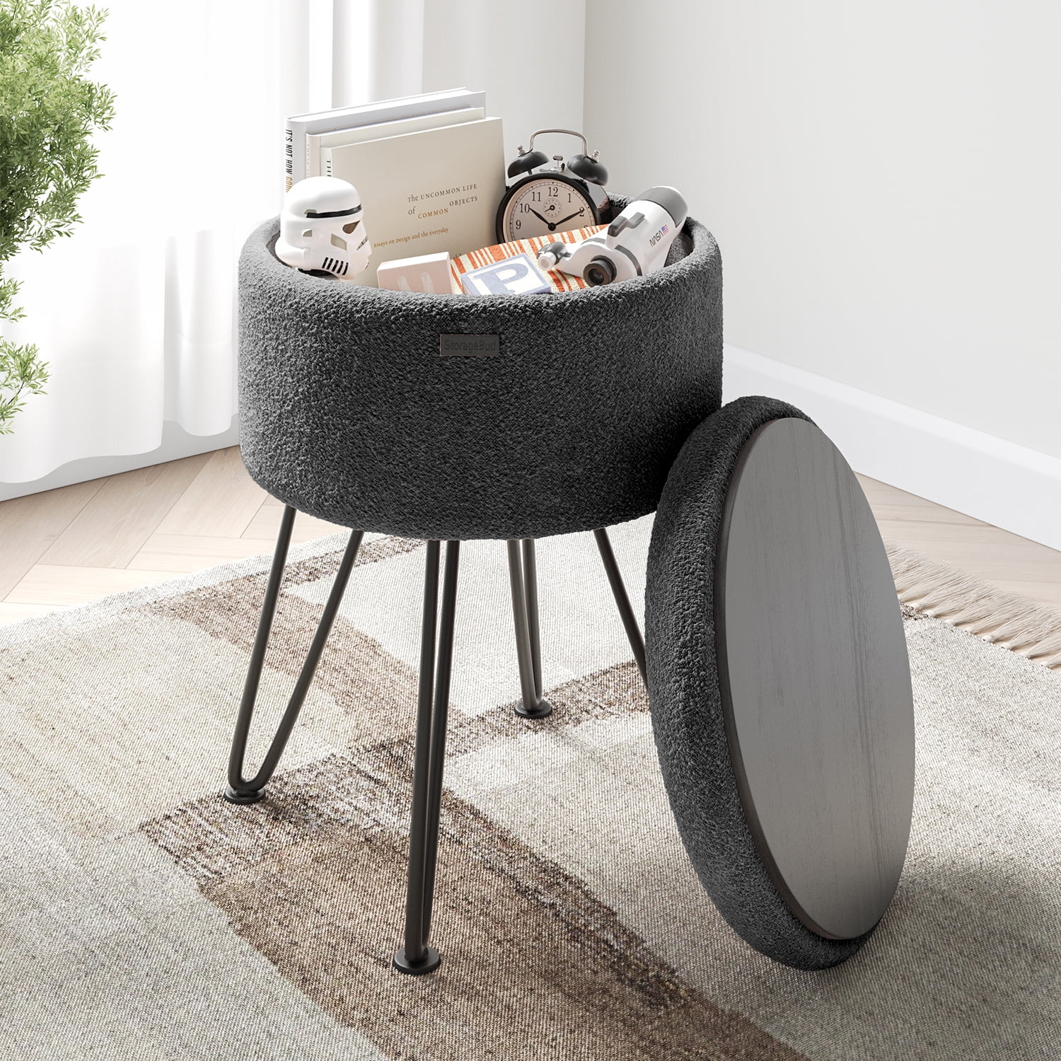 LammaLoe Small Round Ottoman with Storage, Boucle Ottoman Foot Stool with Lid, Upholstered Vanity Stool for Living Room & Bedroom, Grey