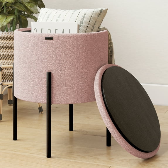 LammaLoe Small Round Ottoman with Storage, Boucle Ottoman Foot Stool with Lid, Upholstered Vanity Stool for Living Room & Bedroom, Pink